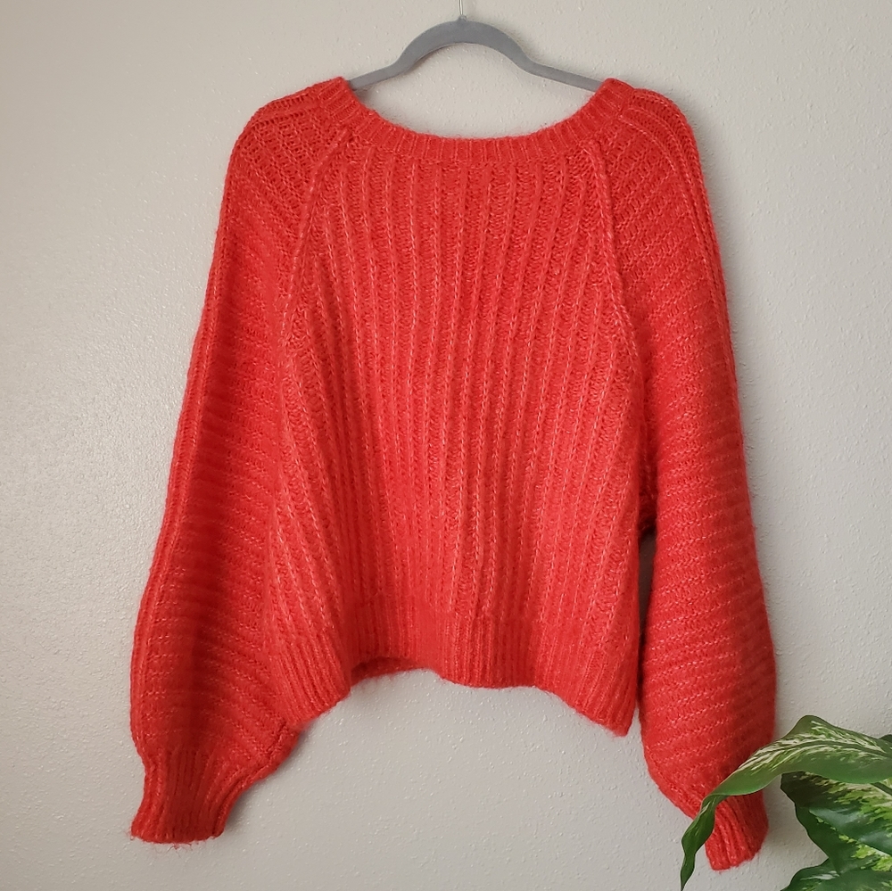 Free People Red Hot Carter Knit Pullover Balloon Sleeve Sweater Top Womens M - Picture 3 of 13